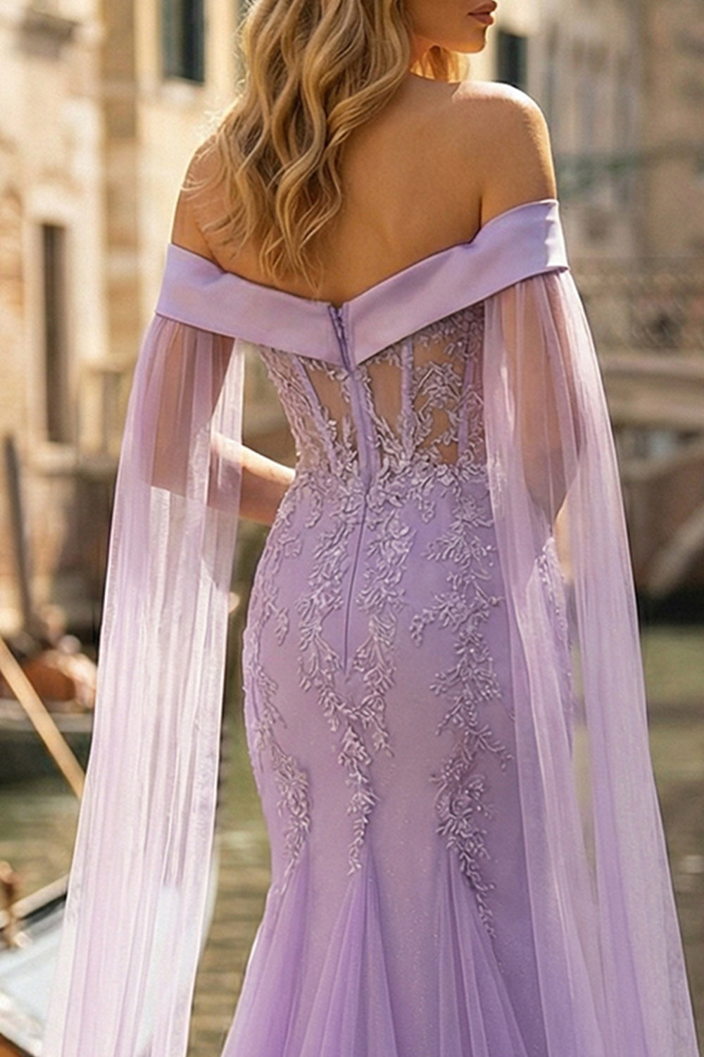 Sparkly Lilac Tulle Appliqued Off the Shoulder Long Mermaid Prom Dress with Cape