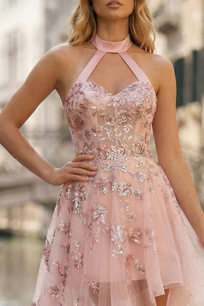 Sparkly Pink Appliqued Halter High-Low A-Line Corset Prom Dress with Keyhole