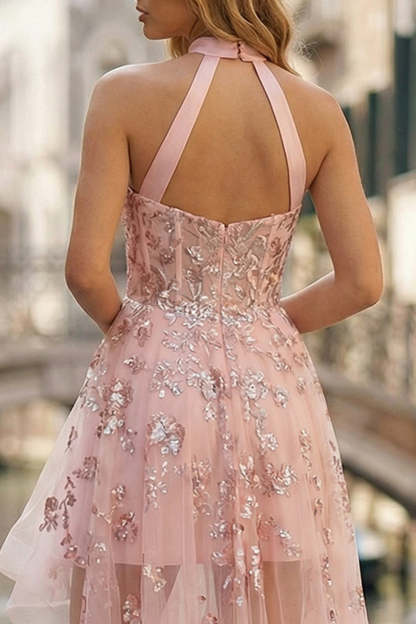 Sparkly Pink Appliqued Halter High-Low A-Line Corset Prom Dress with Keyhole