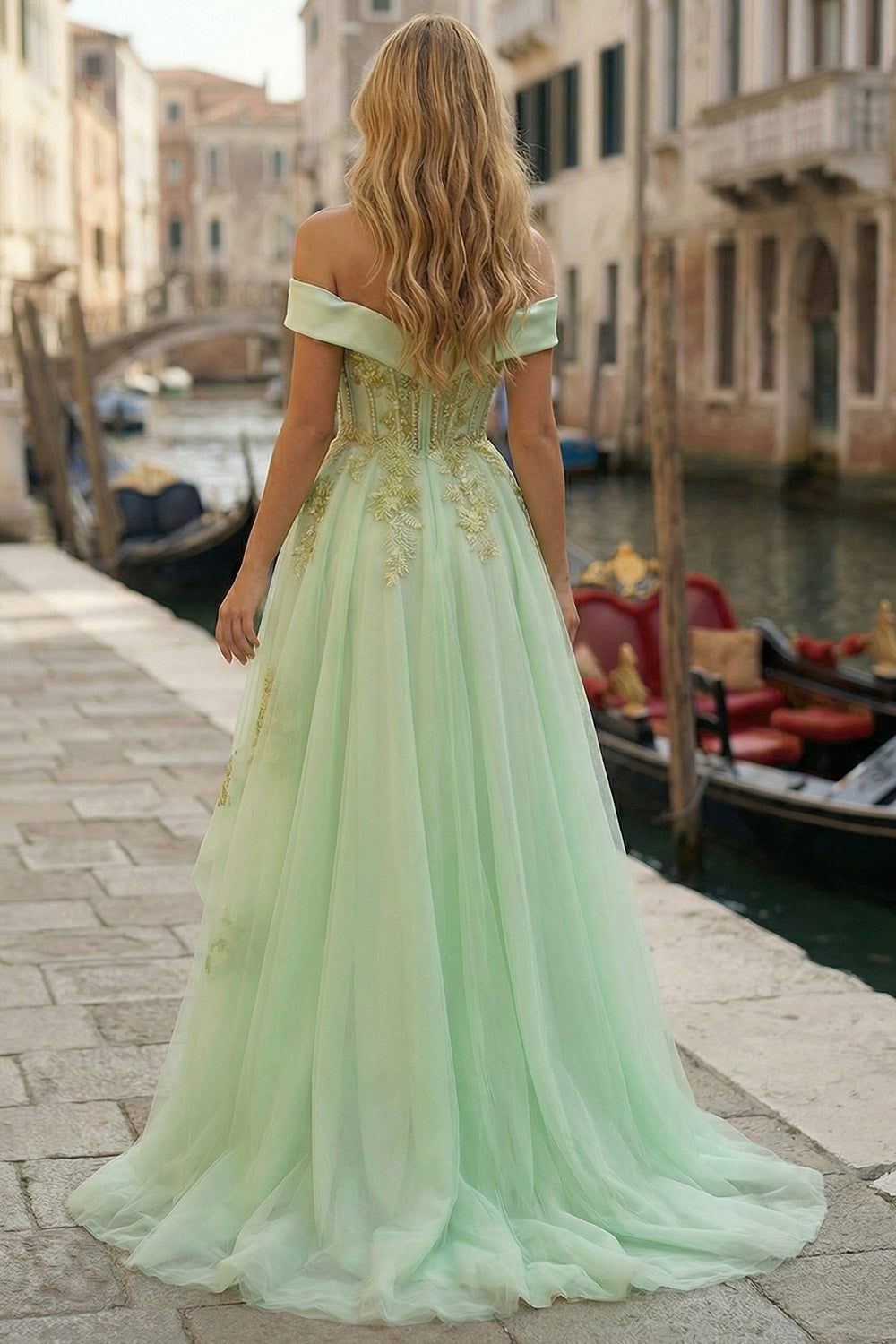 Leely Women Sparkly Light Green High-Low Tulle Corset Prom Dress