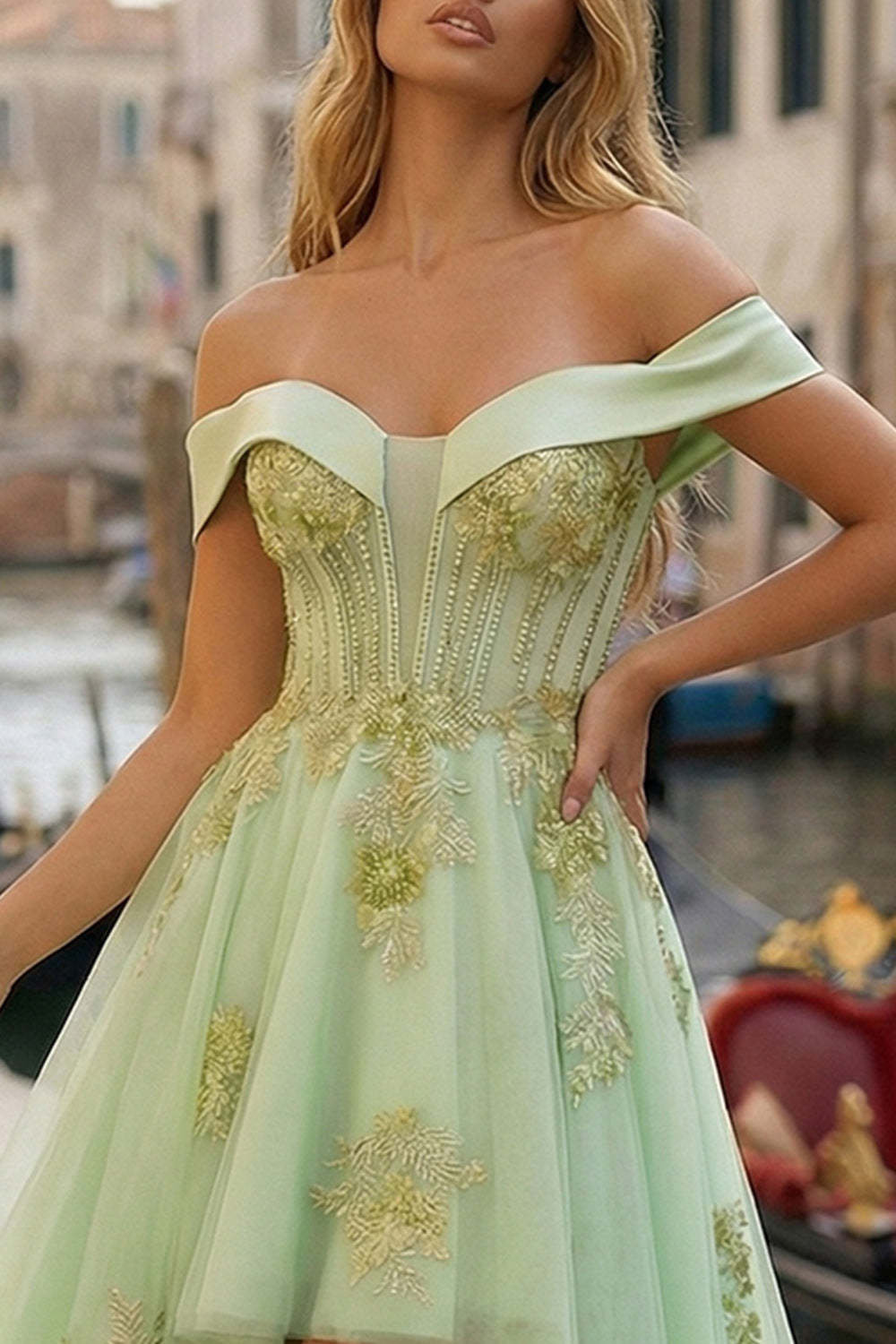 Sparkly Light Green Off the Shoulder Tulle High-Low Appliqued Corset Prom Dress