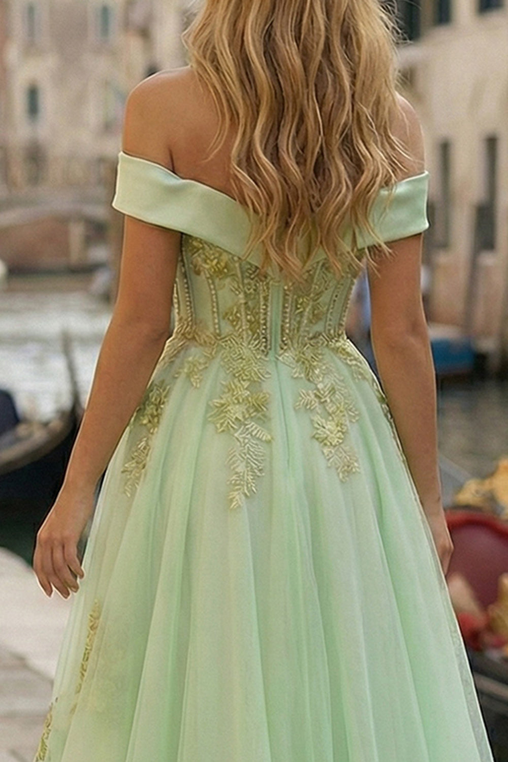 Sparkly Light Green Off the Shoulder Tulle High-Low Appliqued Corset Prom Dress