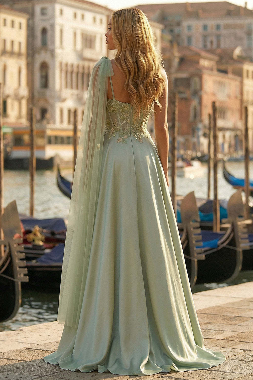 Sage Green One Shoulder Satin High-Low Appliqued Corset Prom Dress with Side Cape