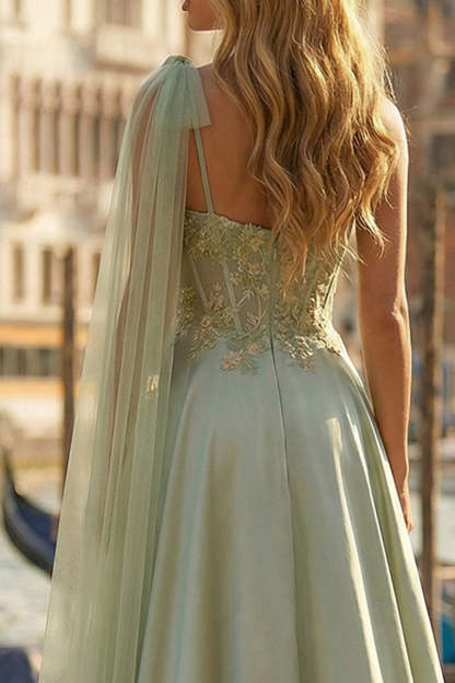 Sage Green One Shoulder Satin High-Low Appliqued Corset Prom Dress with Side Cape