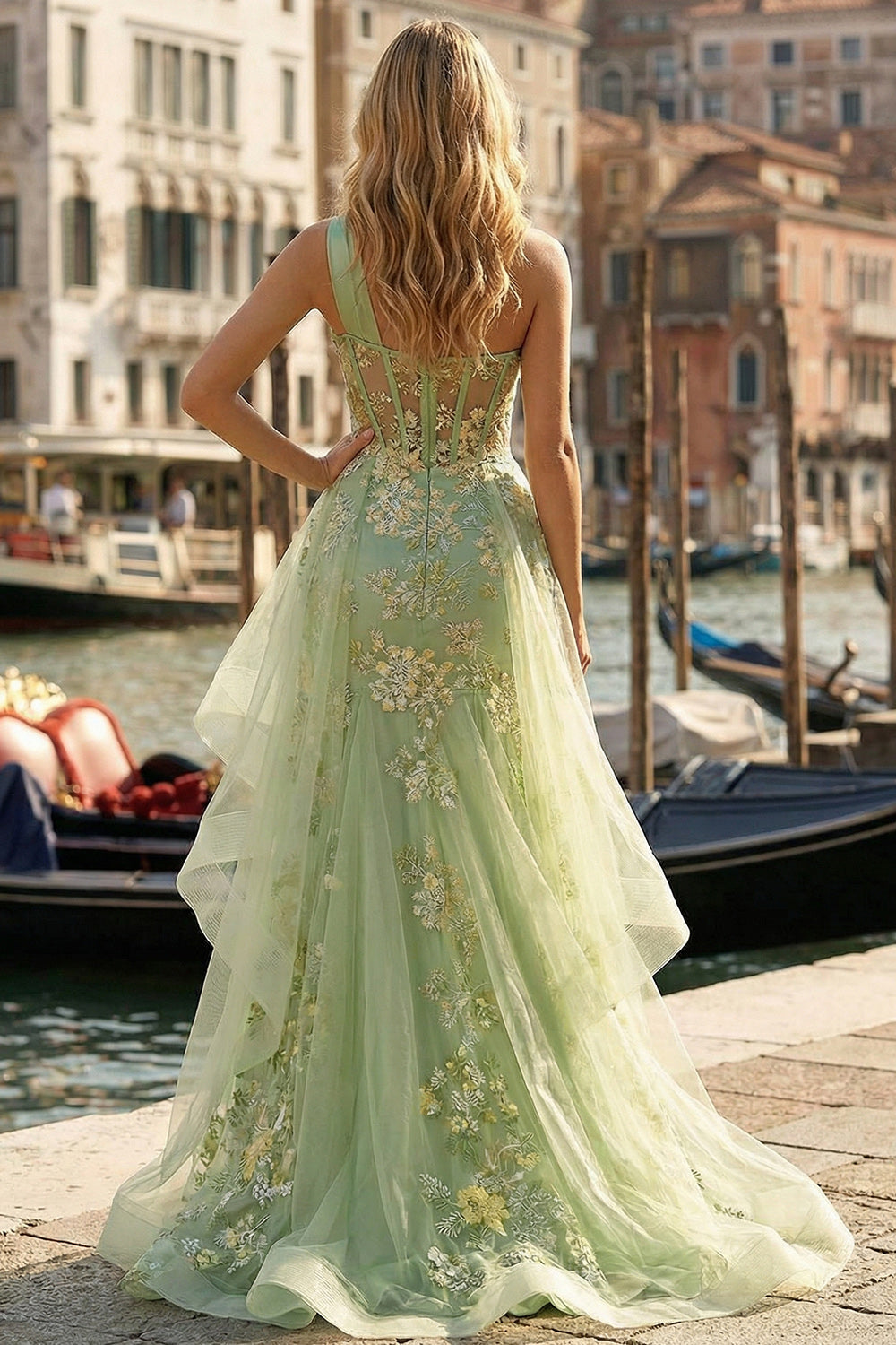 Light Green One Shoulder Appliqued Ruffled High-Low Mermaid Corset Prom Dress