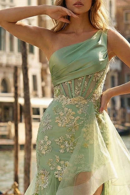 Light Green One Shoulder Appliqued Ruffled High-Low Mermaid Corset Prom Dress