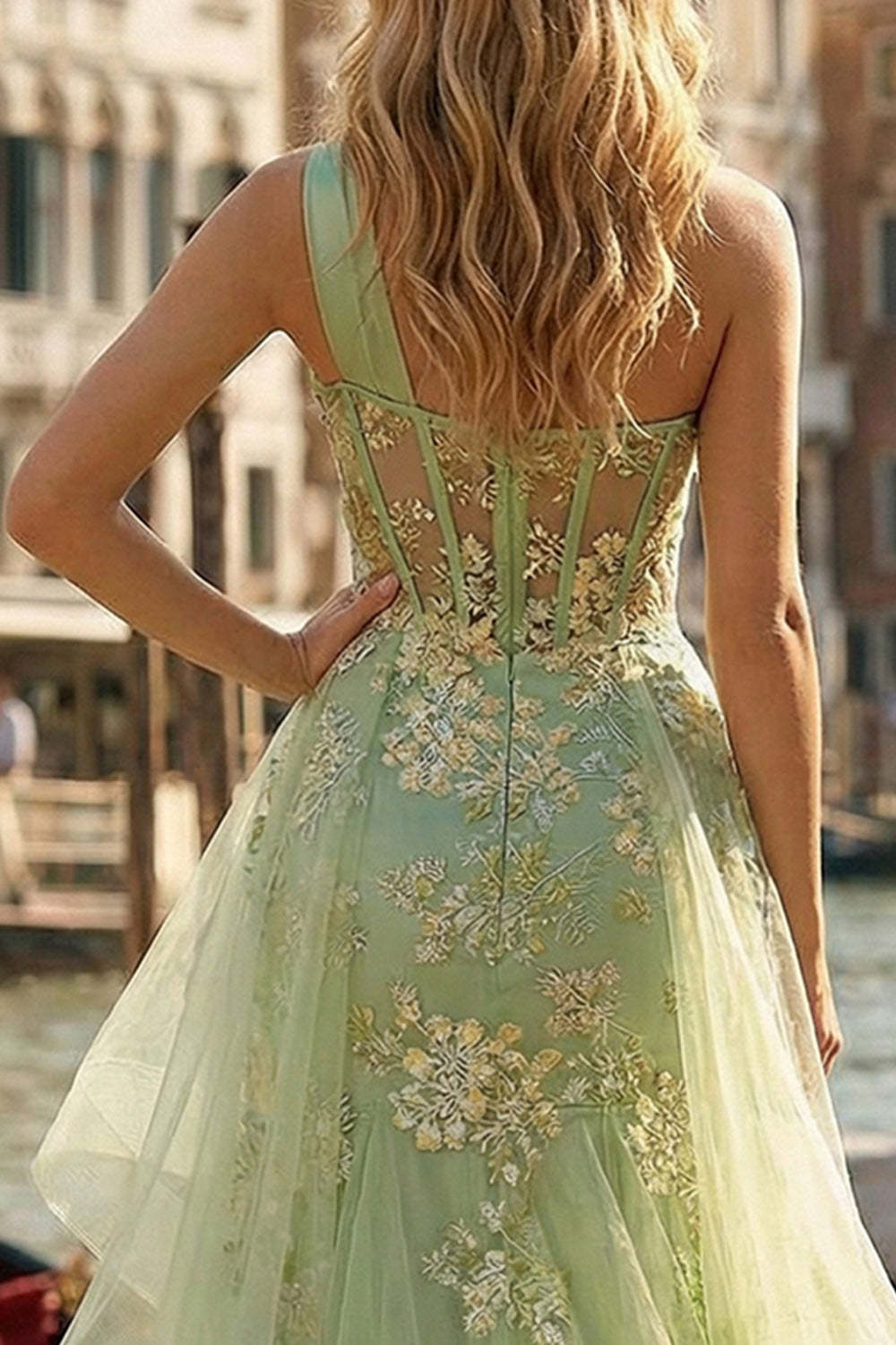 Light Green One Shoulder Appliqued Ruffled High-Low Mermaid Corset Prom Dress