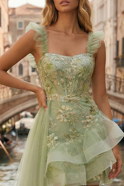 Sparkly Light Green Thick Straps Appliqued Ruffled Short Prom Dress with Cape
