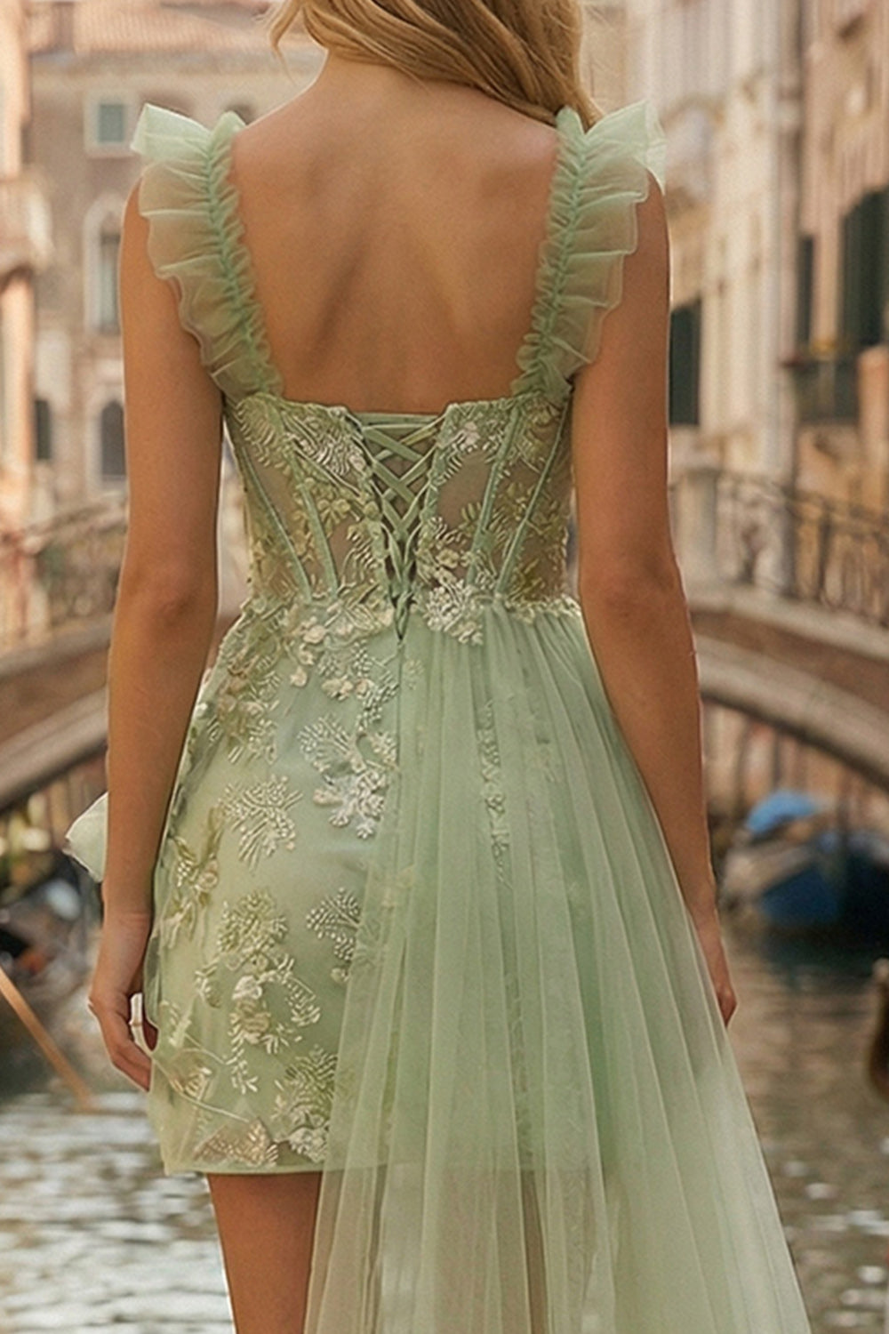 Sparkly Light Green Thick Straps Appliqued Ruffled Short Prom Dress with Cape