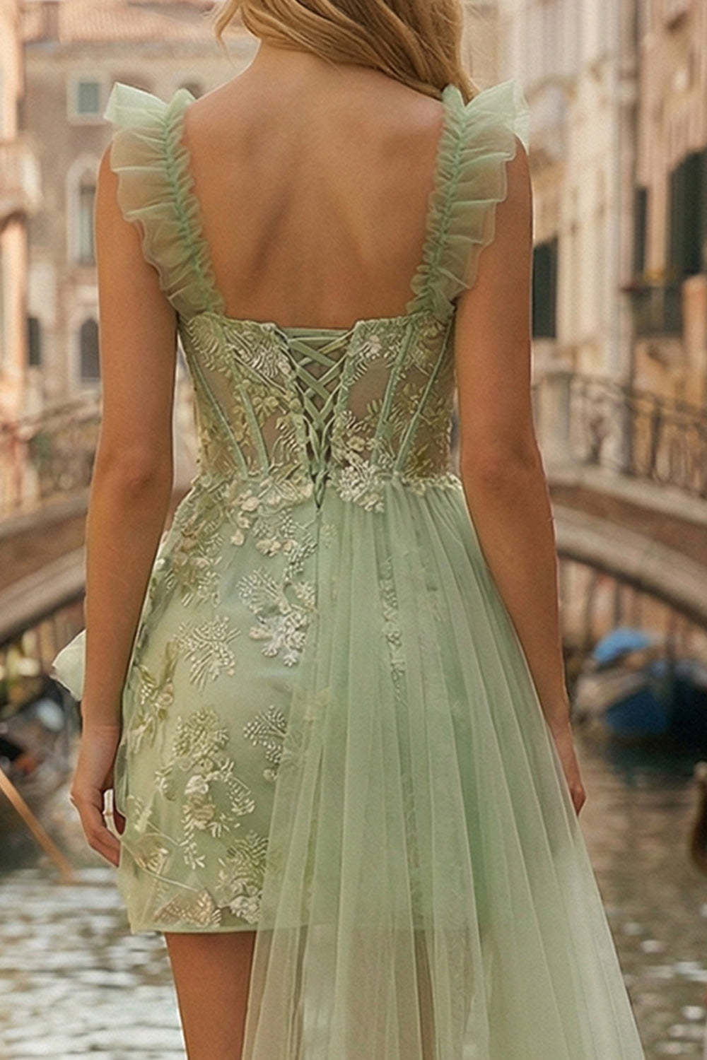 Sparkly Light Green Thick Straps Appliqued Ruffled Short Prom Dress with Cape