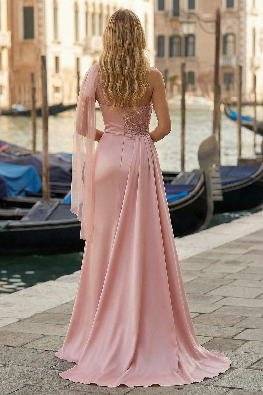 Pink Appliqued One Shoulder Long Ruched Prom Dress with Side Cape