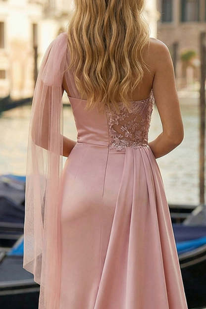 Pink Appliqued One Shoulder Long Ruched Prom Dress with Side Cape