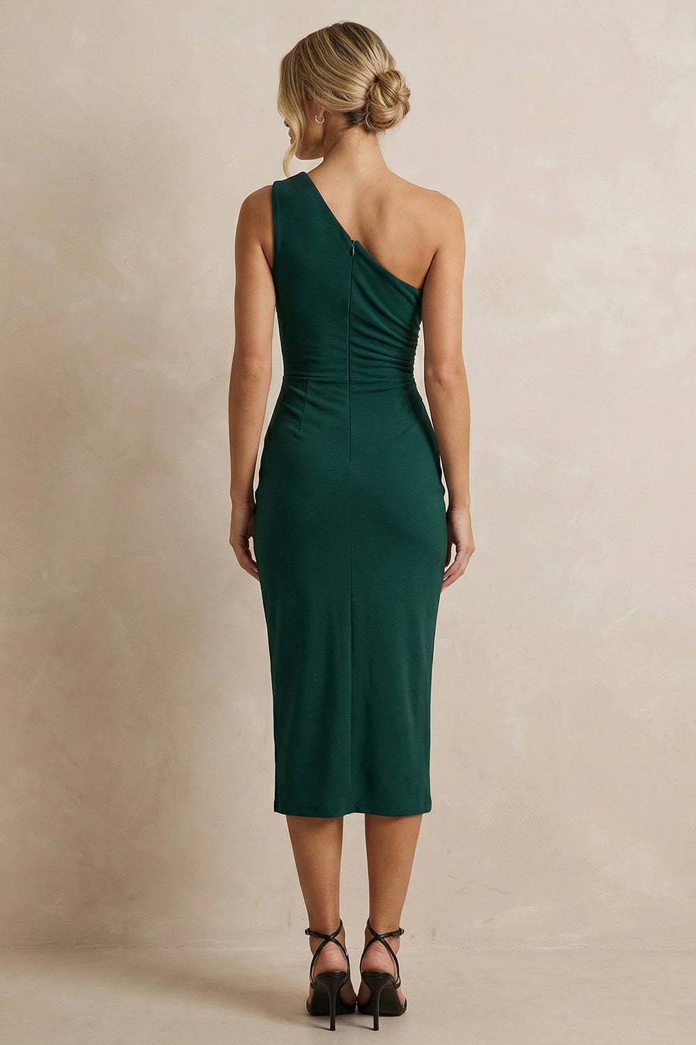 Dark Green One Shoulder Ruched Midi Pencil Work Dress