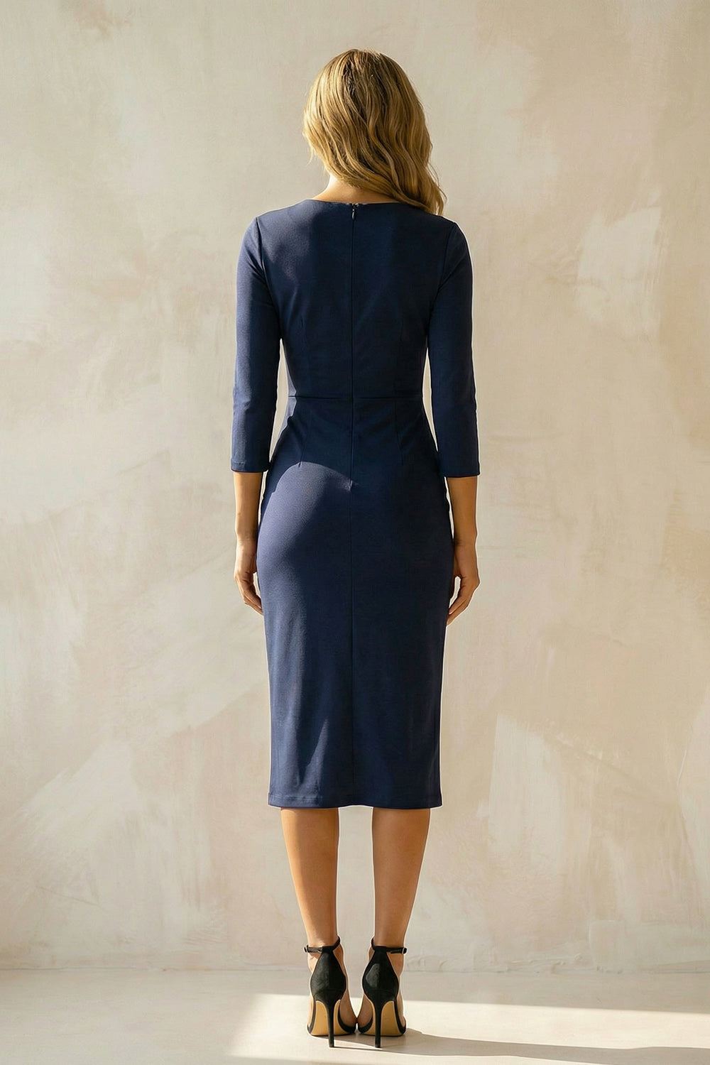 Bodycon Navy Round Neck Midi Ruched Work Dress with Sleeves