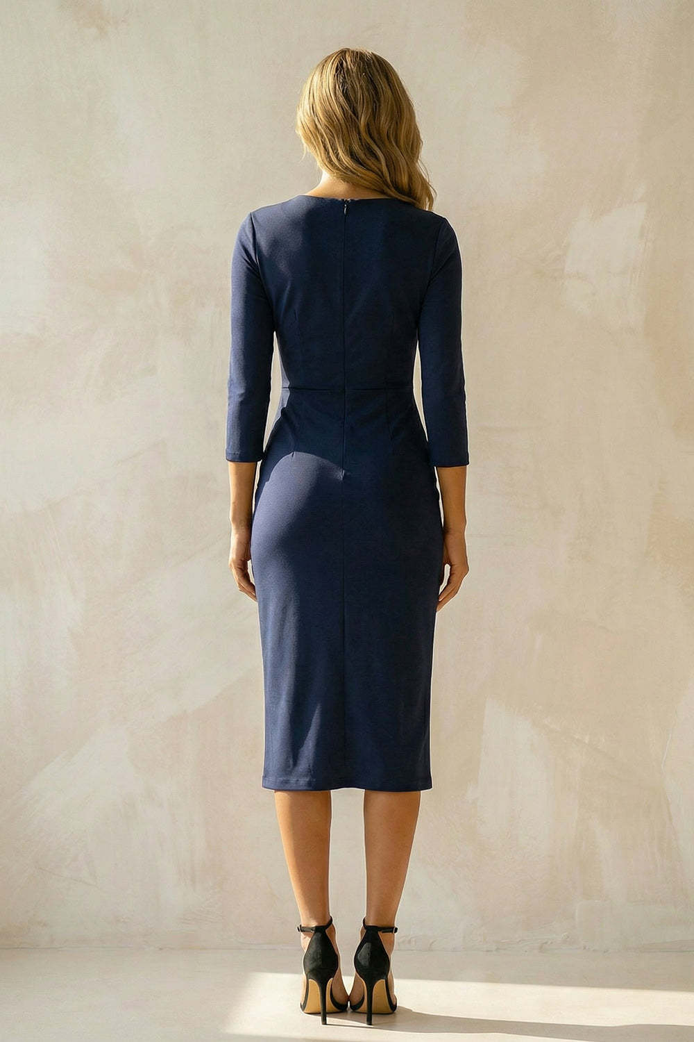 Bodycon Navy Round Neck Midi Ruched Work Dress with Sleeves