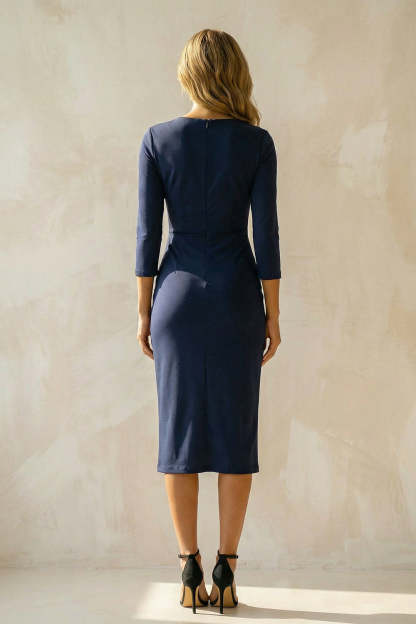 Bodycon Navy Round Neck Midi Ruched Work Dress with Sleeves