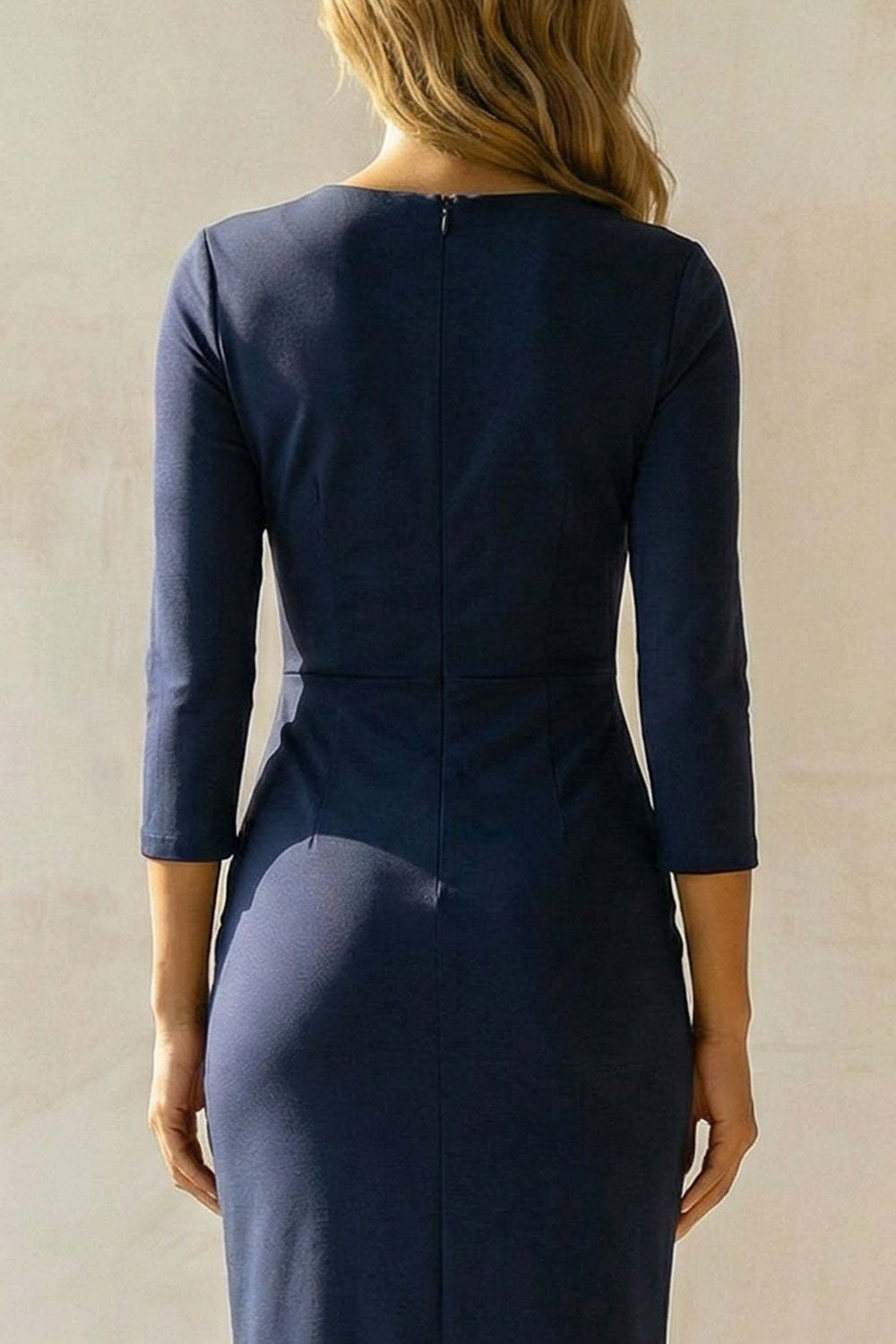 Bodycon Navy Round Neck Midi Ruched Work Dress with Sleeves