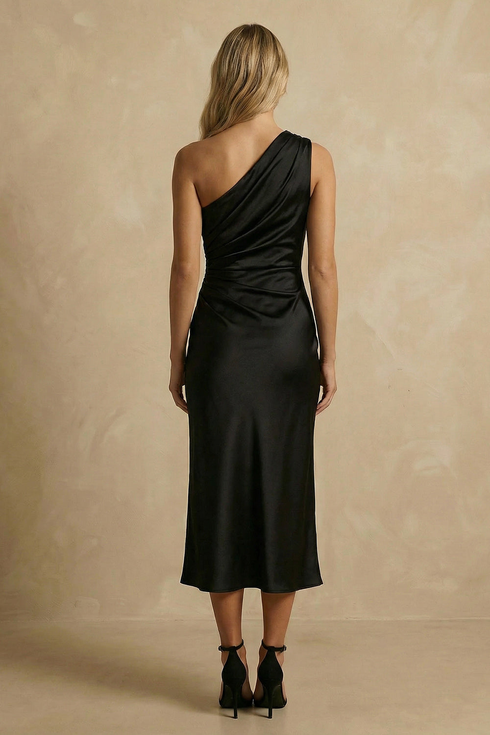 Black Ruched Satin Midi One Shoulder Bodycon Work Dress
