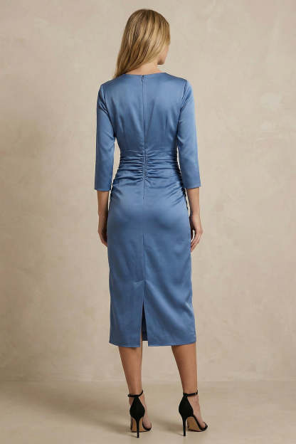 Twilight Round Neck Bodycon Satin Midi Work Dress with Slit