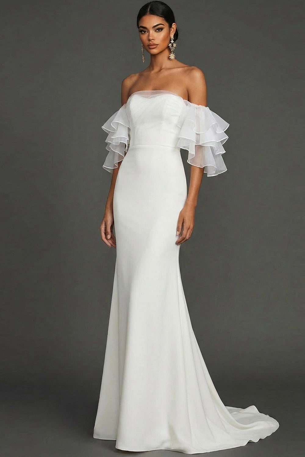 Leely Women White Mermaid Off the Shoulder Long Wedding Reception Dress Ruffled Backless Rehearsal Dinner Dress