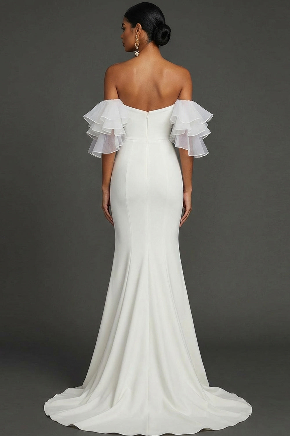 White Mermaid Off the Shoulder Ruffled Long Wedding Reception Dress