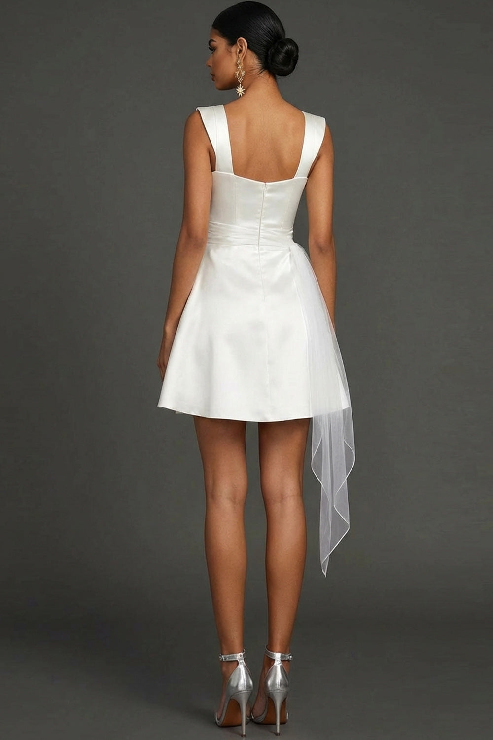 White A Line Satin Square Neck Short Engagement Dress with Sash