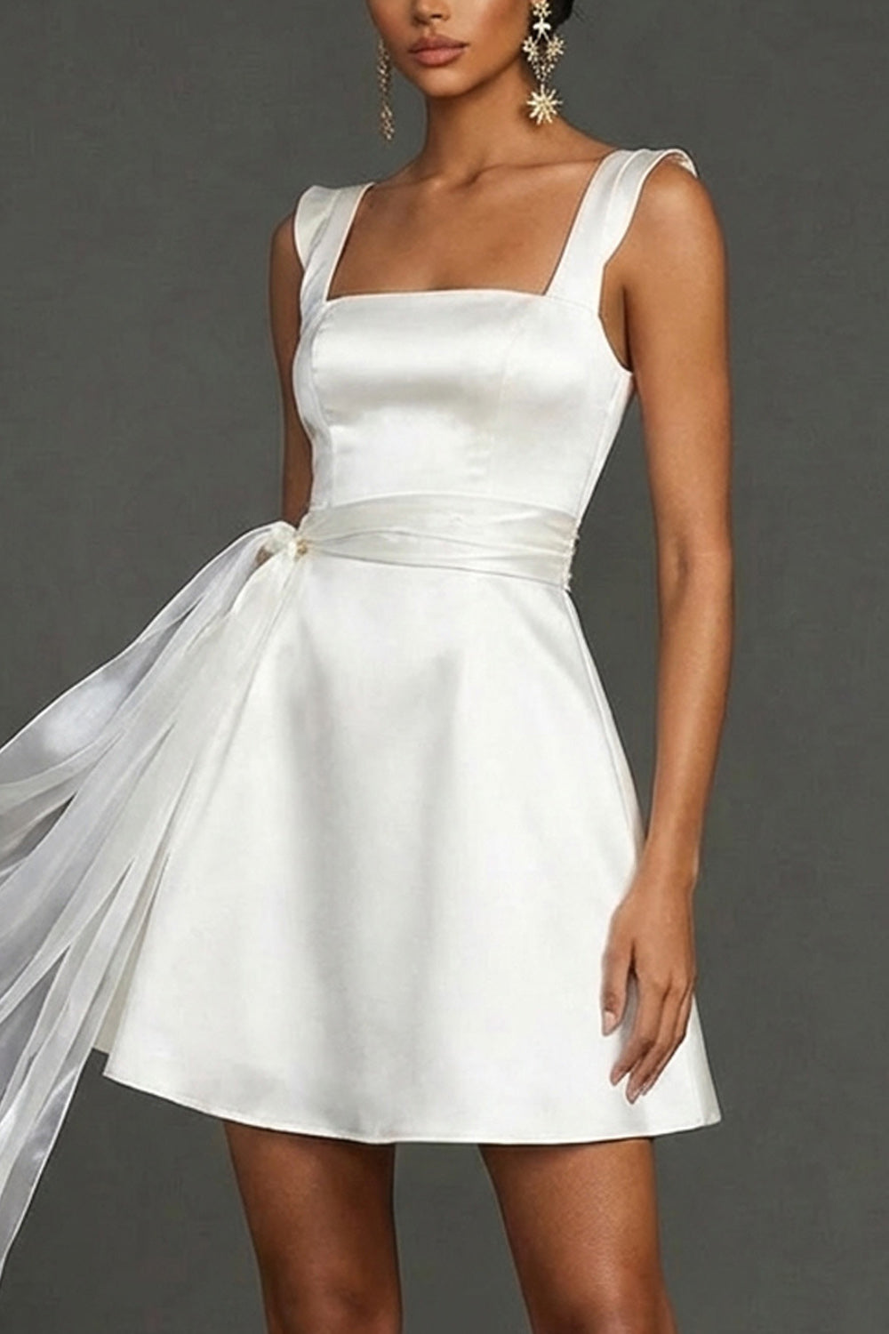 White A Line Satin Square Neck Short Engagement Dress with Sash