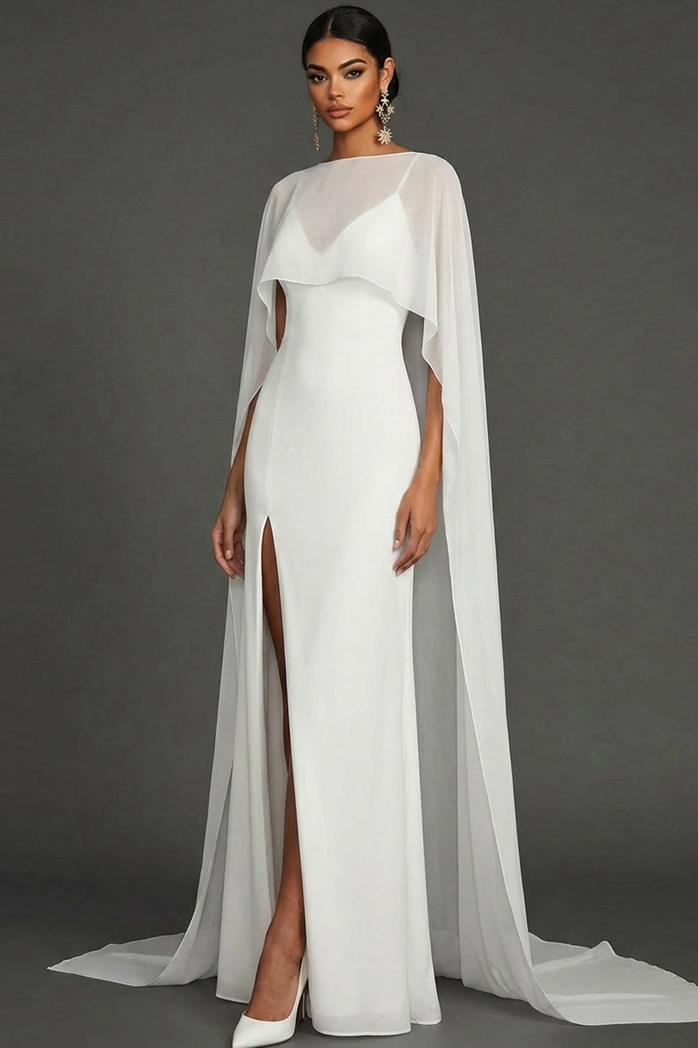 Leely Women White Mermaid Long Wedding Reception Dress with Slit Spaghetti Straps Backless Engagement Dress with Cape