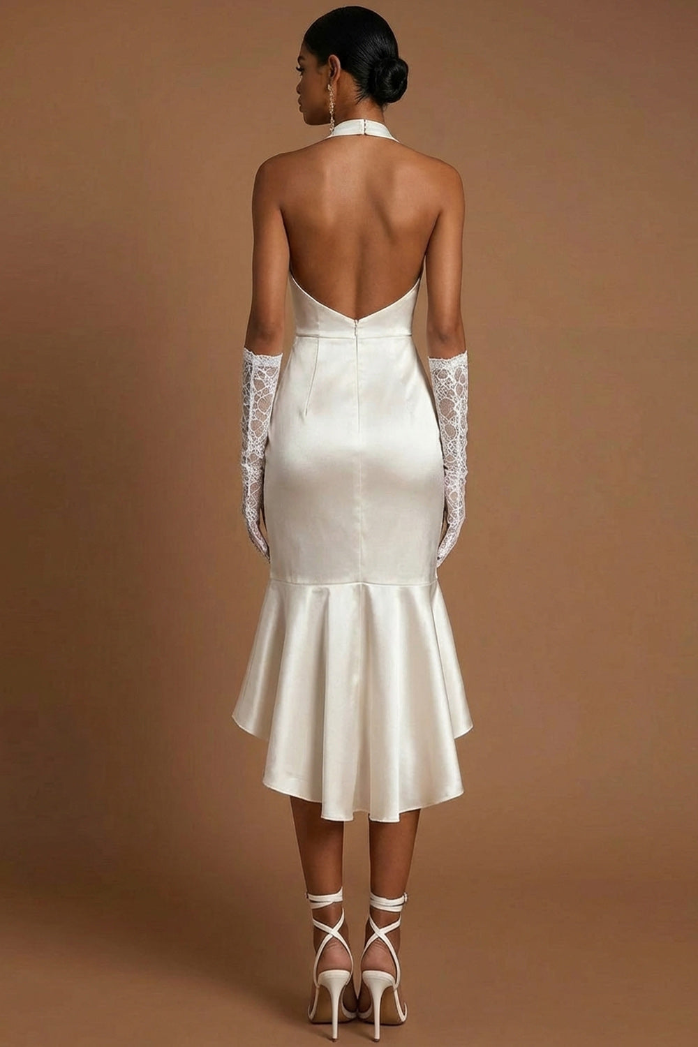 Mermaid White Satin Halter Neck Midi White Reception Dress