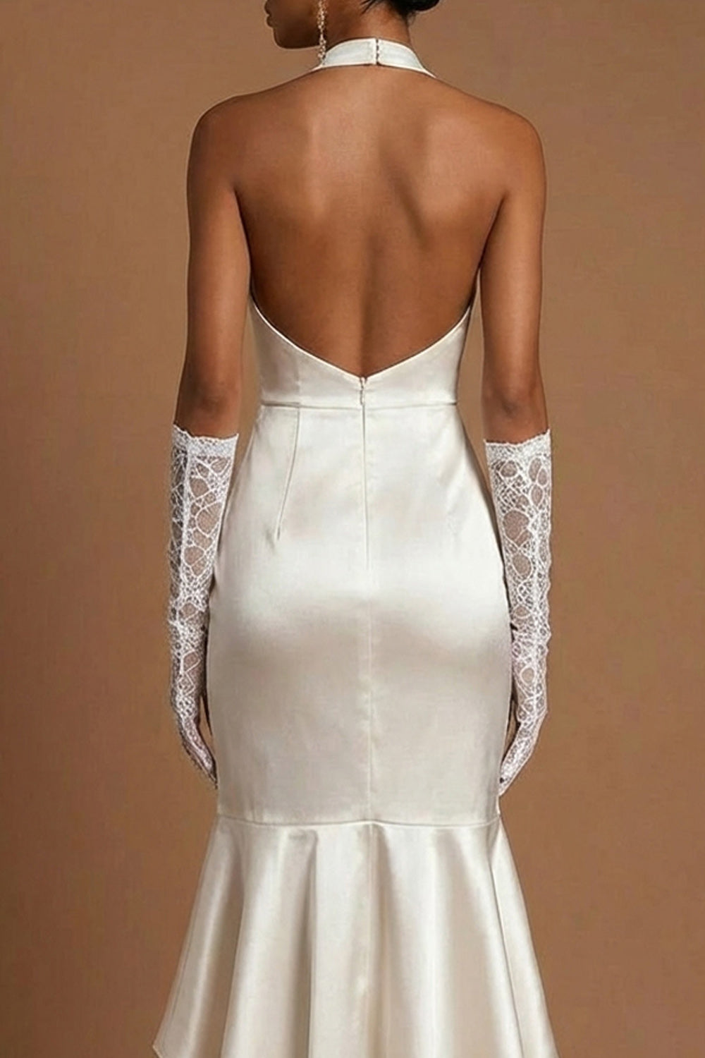 Mermaid White Satin Halter Neck Midi White Reception Dress