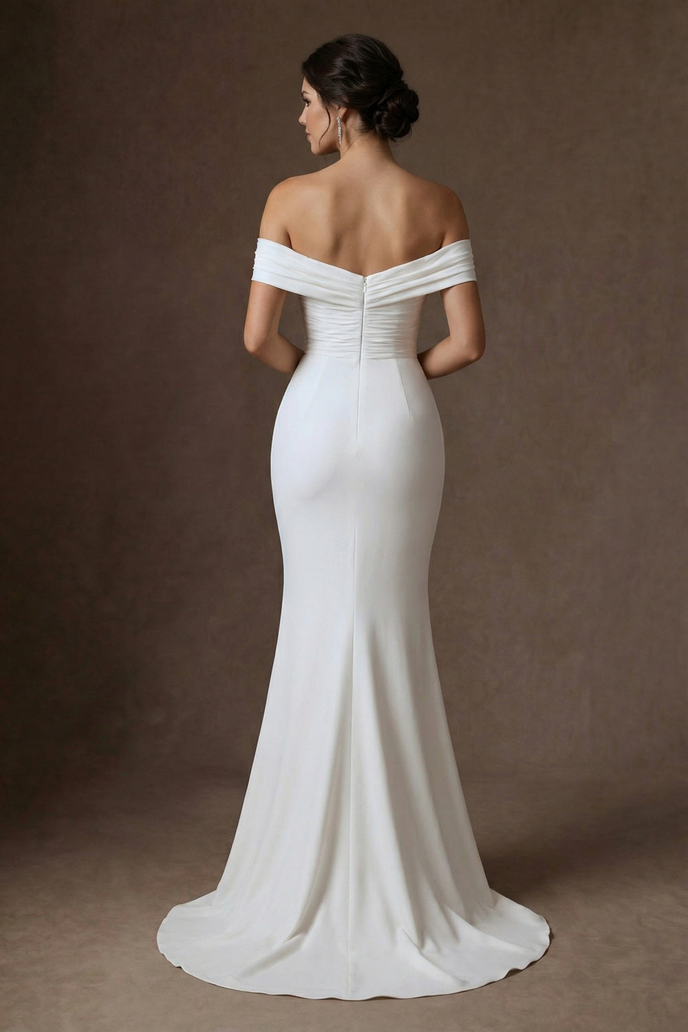 White Mermaid Ruched Off the Shoulder Sweep Train Wedding Dress with Slit