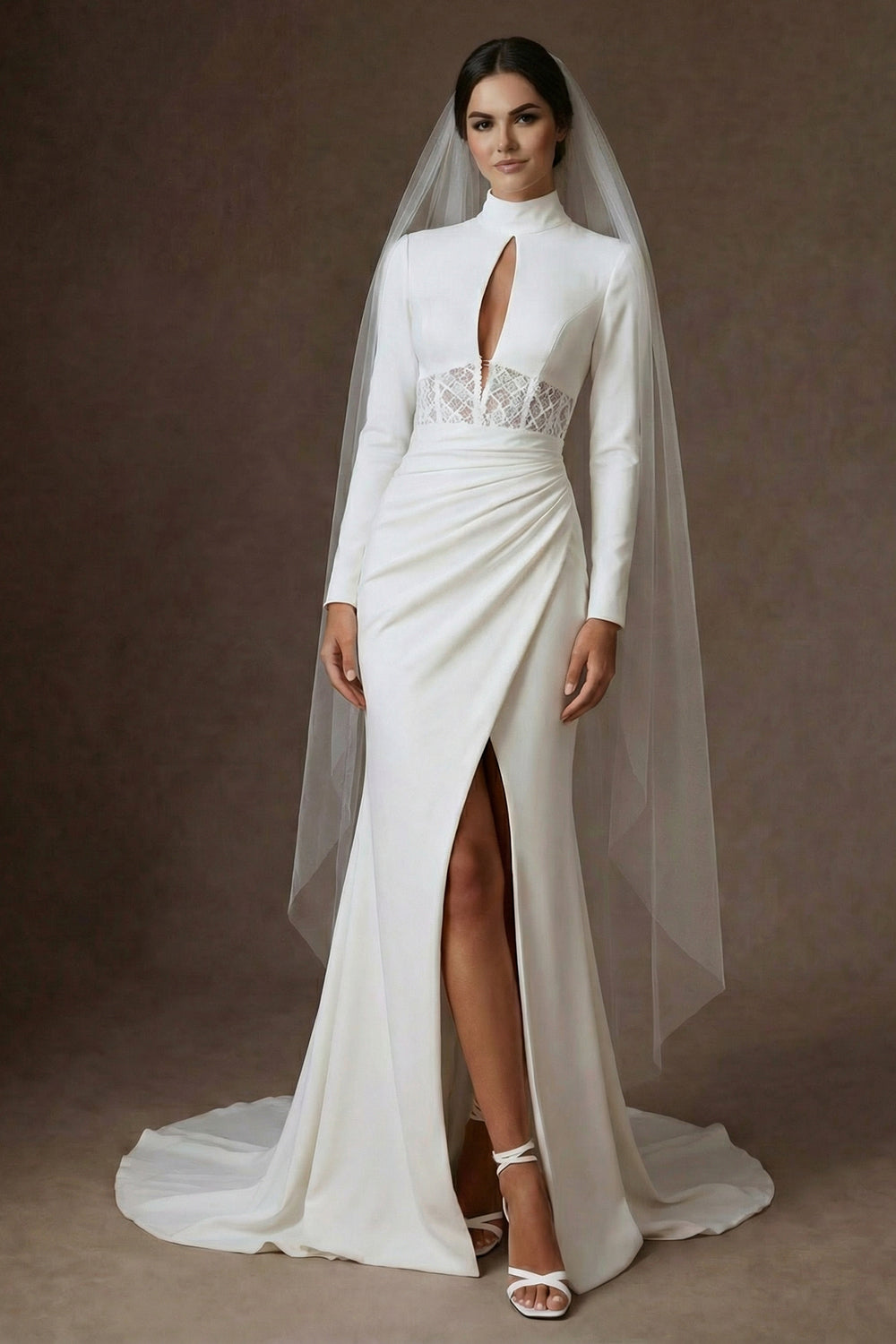 White Mermaid Corset Keyhole High Neck Wedding Dress with Silt