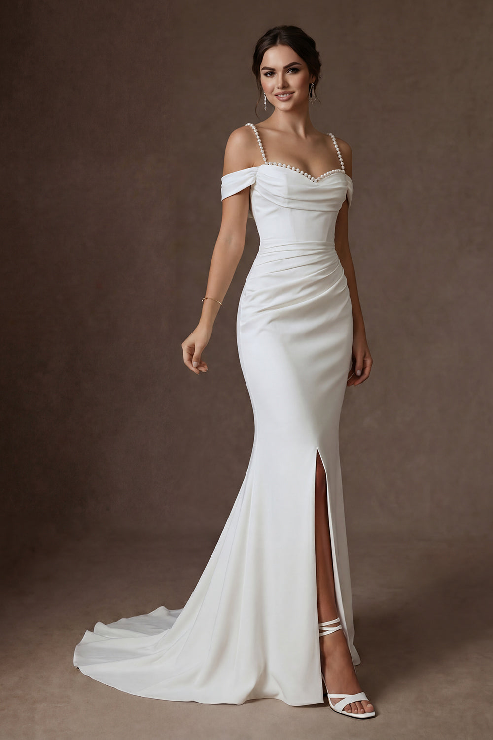 White Mermaid Beaded Sweep Train Wedding Dress with Slit