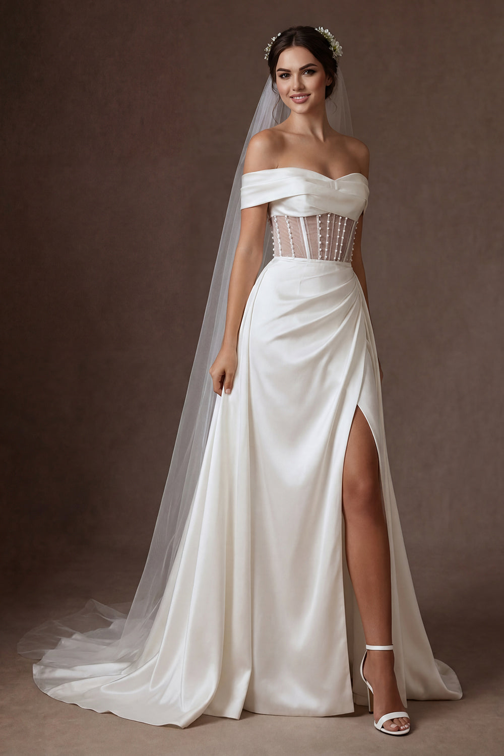 Leely Women Ivory A Line Corset Ruched Long Wedding Dress with Slit Off the Shoulder Backless Sleeveless Bridal Dress