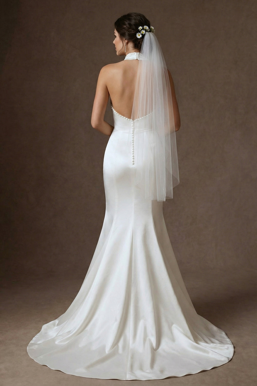 Ivory Mermaid Beaded Satin Maxi Wedding Dress with Slit