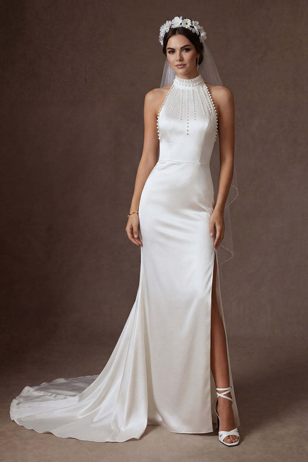 Leely Women Ivory Mermaid Beaded Satin Maxi Wedding Dress with Slit Backless Sleeveless High Neck Bridal Dress