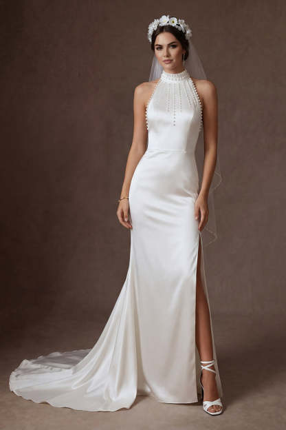 Leely Women Ivory Mermaid Beaded Satin Maxi Wedding Dress with Slit Backless Sleeveless High Neck Bridal Dress