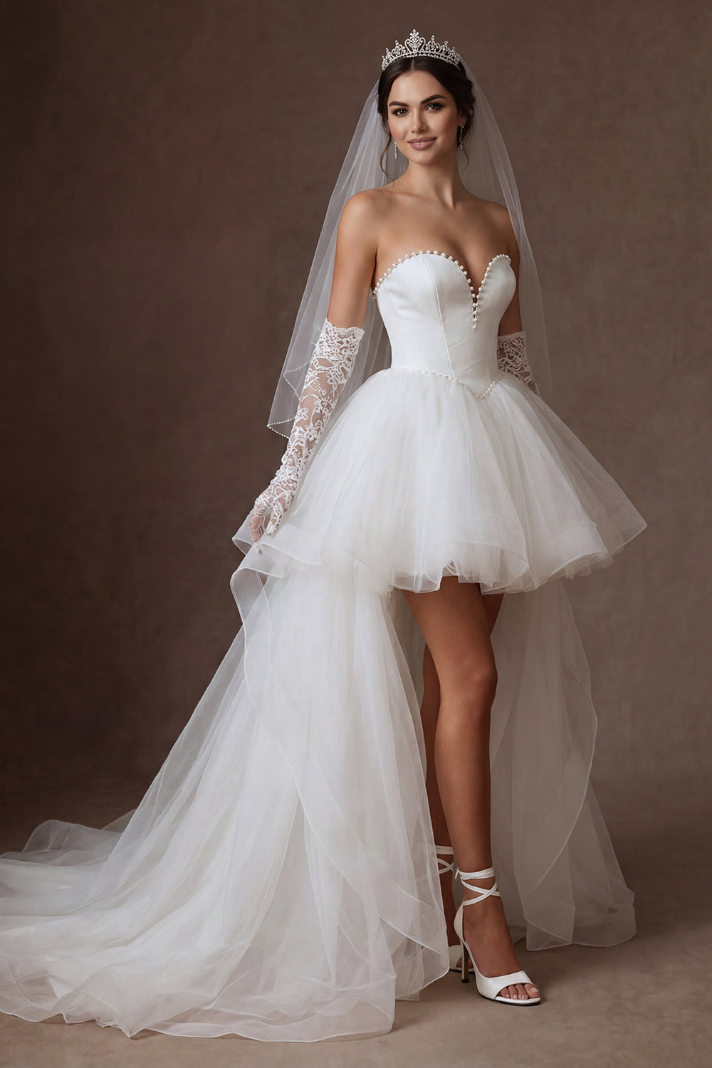 Ivory Ball Gown High Low Sweetheart Beaded Wedding Dress