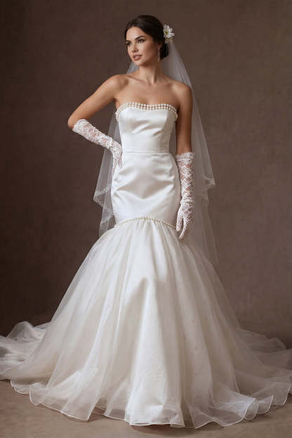 Leely Women Ivory Mermaid Beaded Maxi Wedding Dress Backless Strapless Sleeveless Bridal Dress