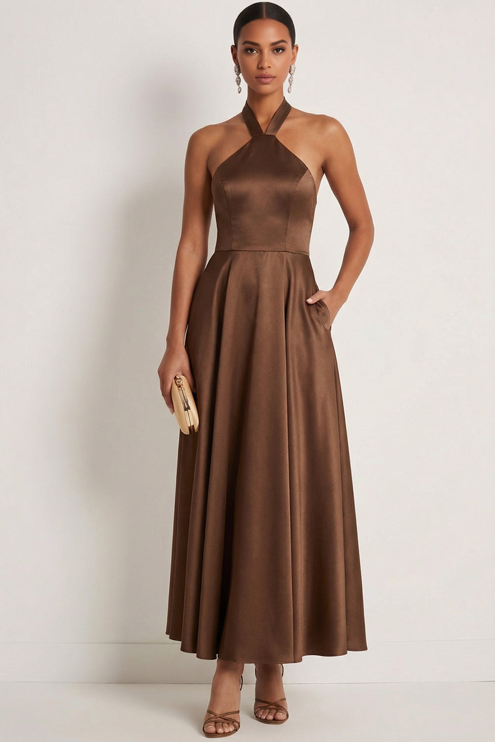 Chocolate A Line Halter Neck Satin Maxi Formal Dress