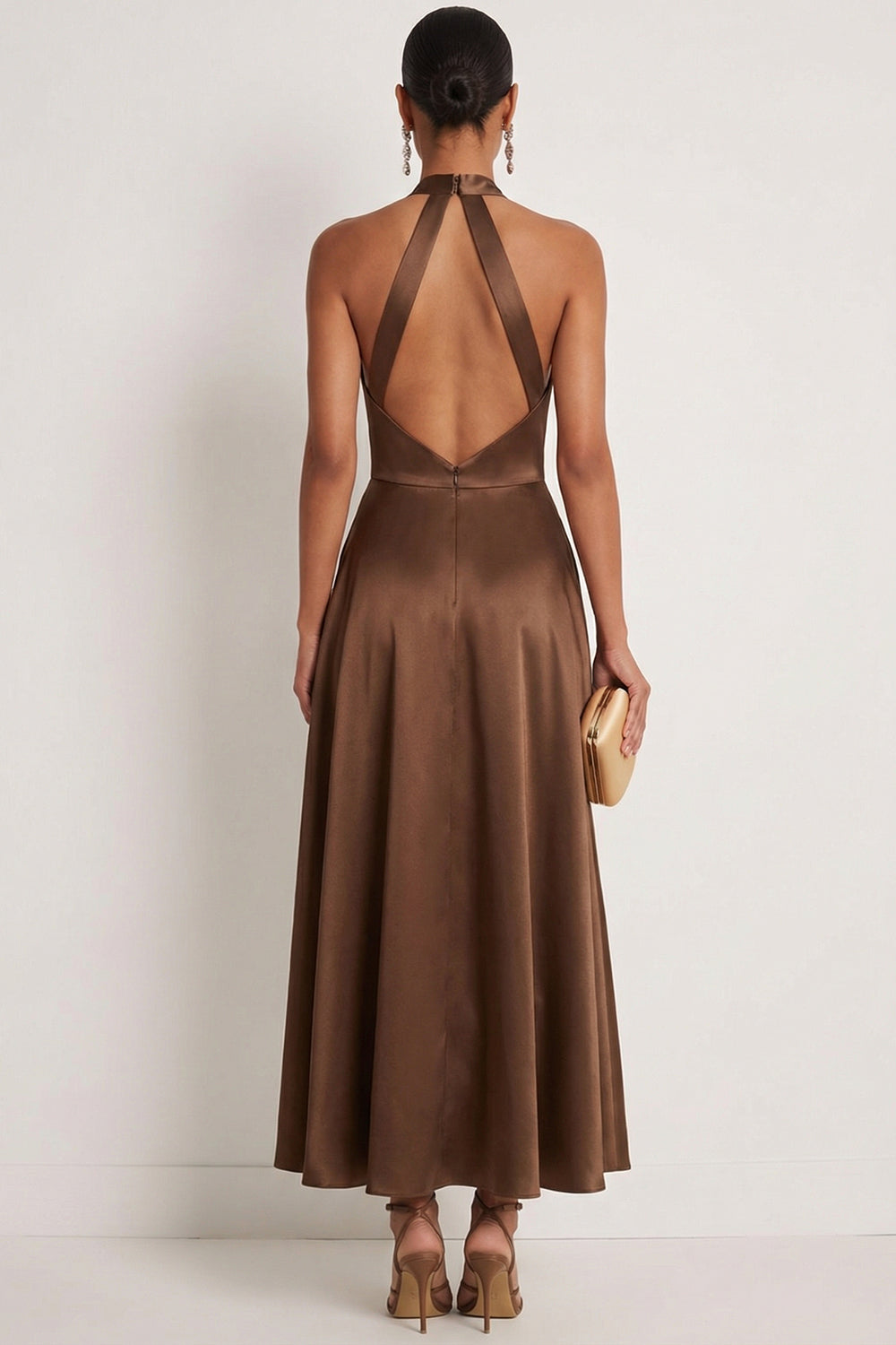 Chocolate A Line Halter Neck Satin Maxi Formal Dress