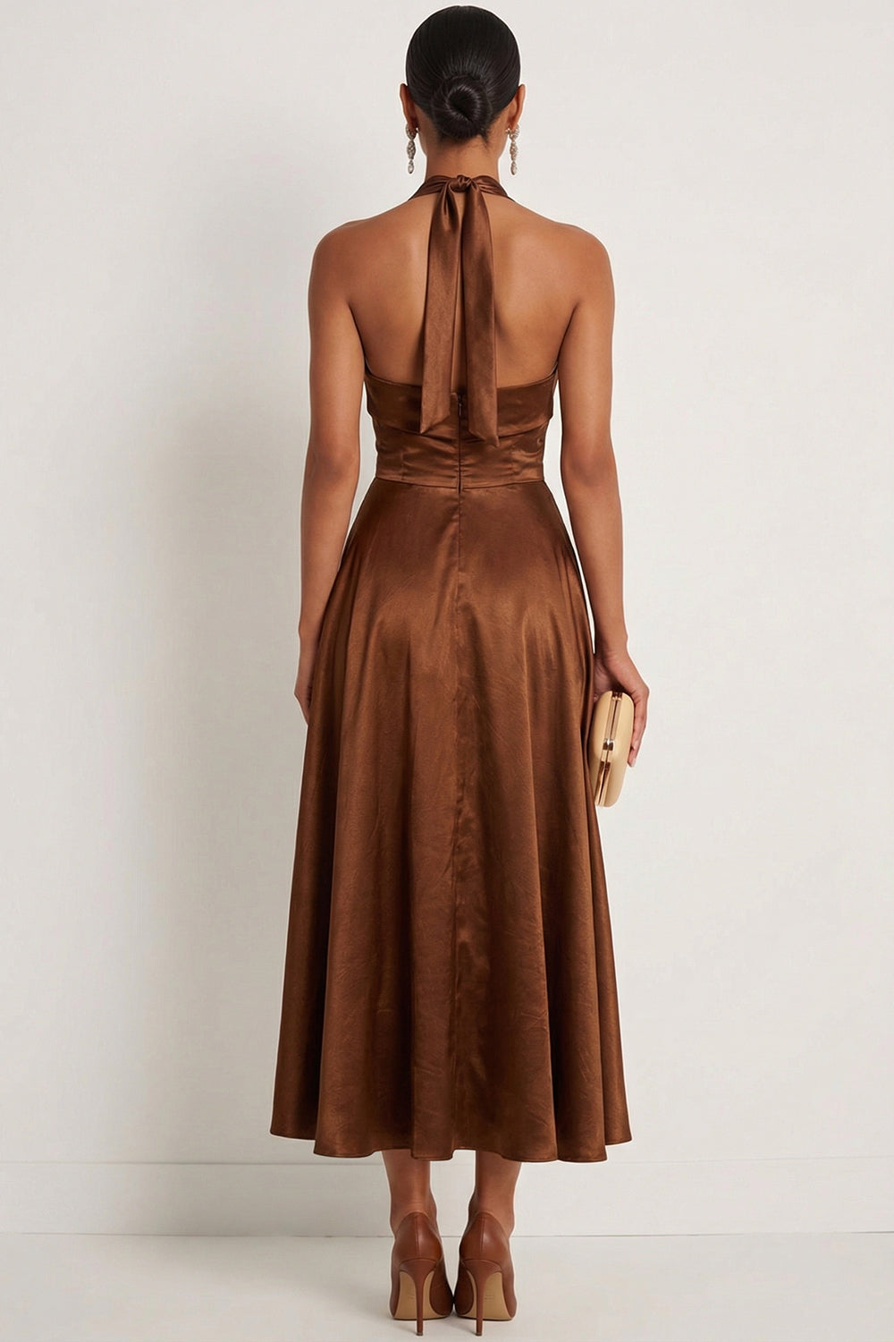 Chocolates Halter Neck A Line Satin Backless Maxi Formal Dress