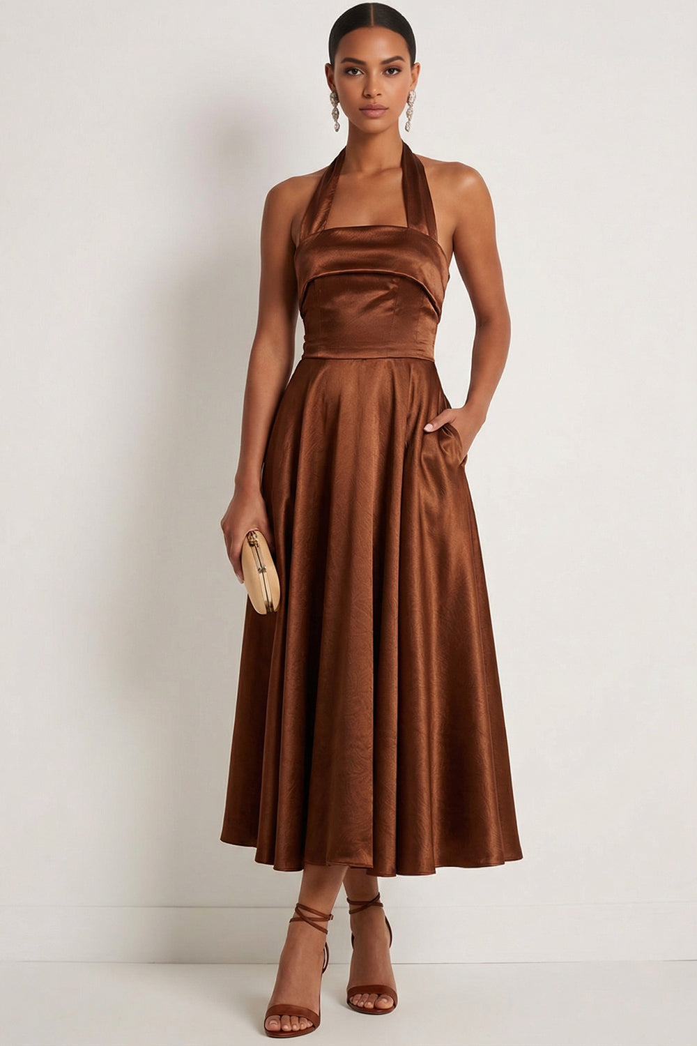 Chocolates Halter Neck A Line Satin Backless Maxi Formal Dress