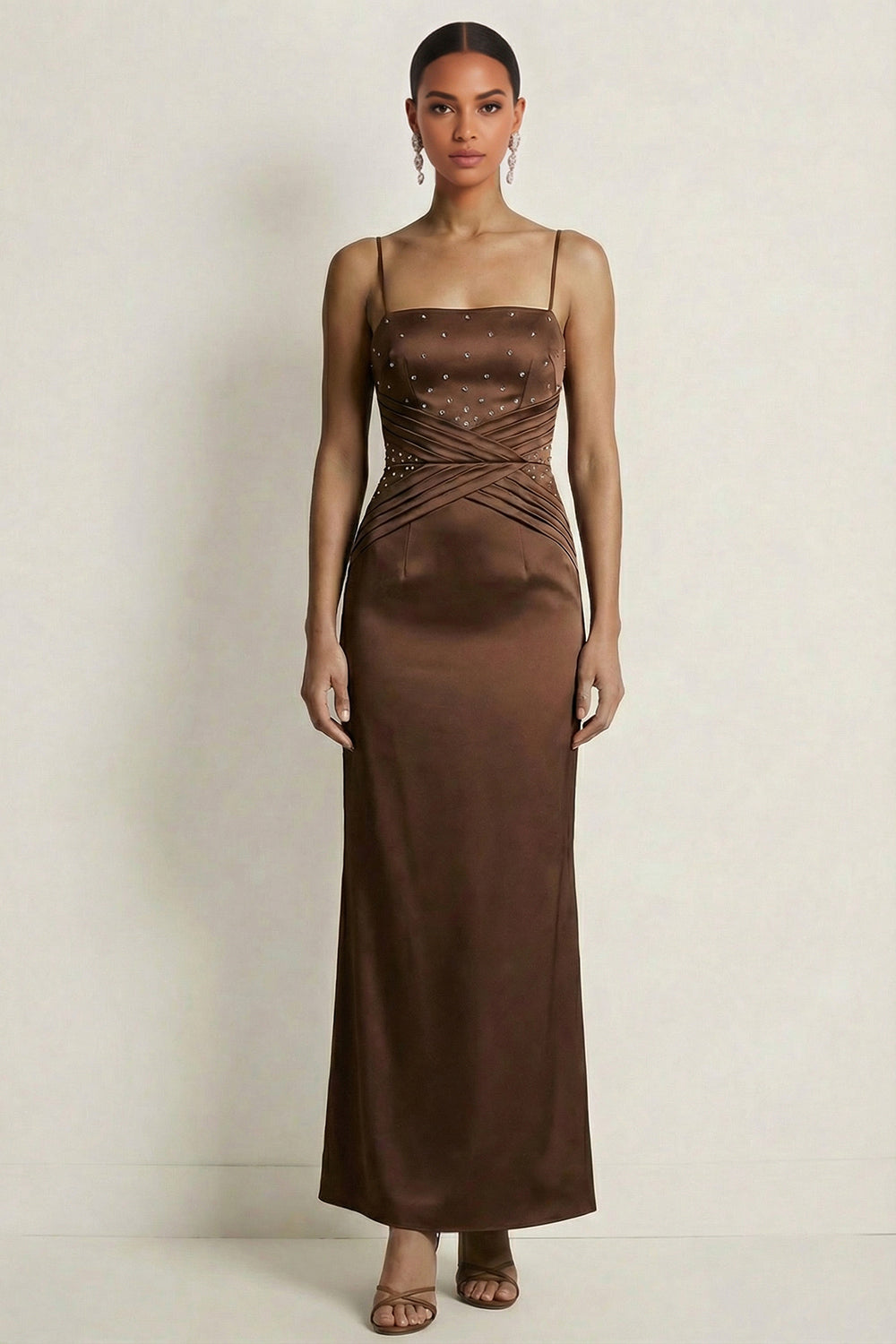 Leely Women Chocolates Mermaid Long Formal Dress with Beading Spaghetti Straps Backless Sleeveless Wedding Guest Dress