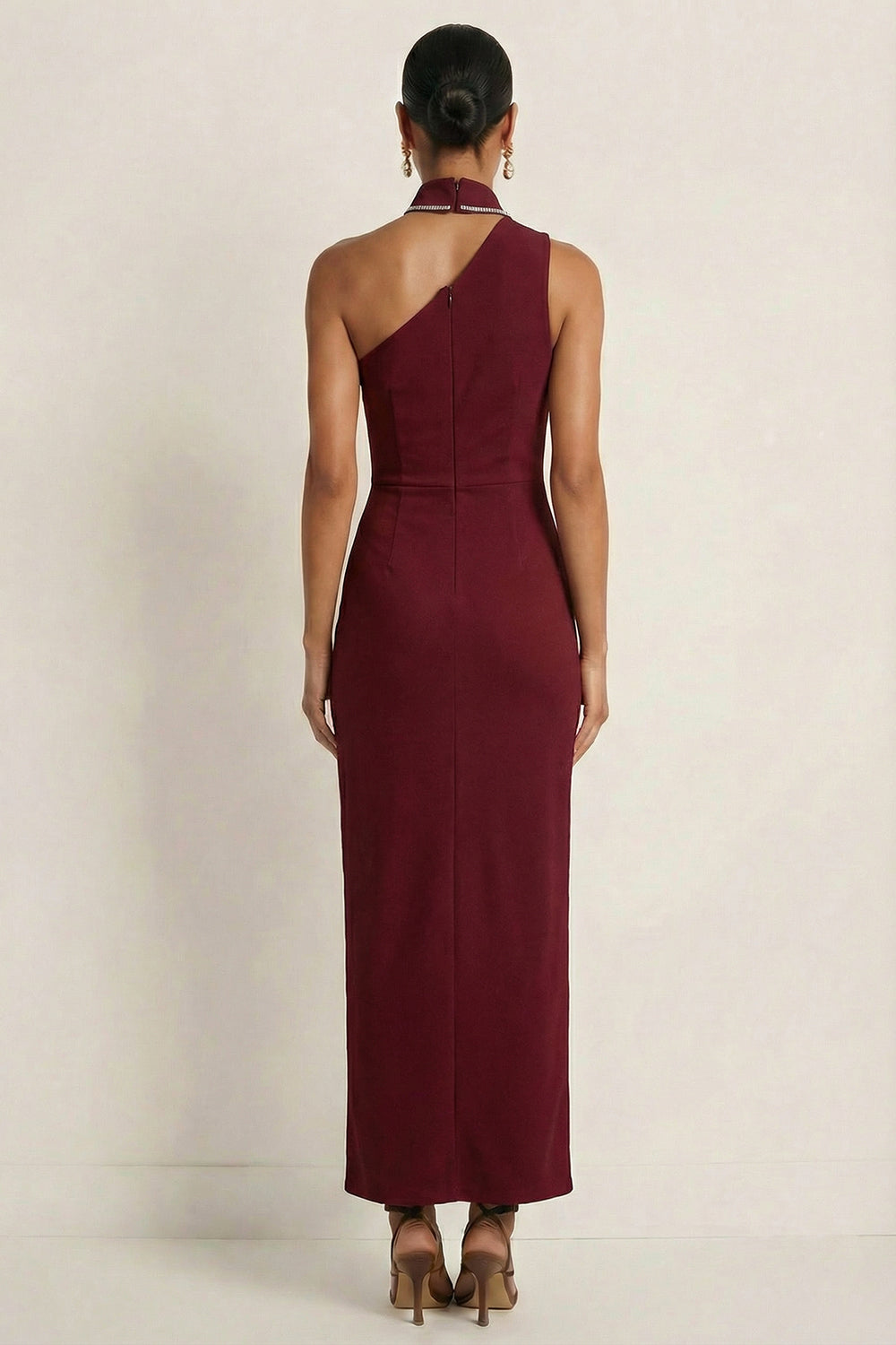 Burgundy Halter Neck Mermaid Ruched Maxi Formal Dress