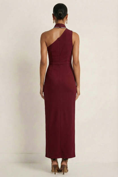 Burgundy Halter Neck Mermaid Ruched Maxi Formal Dress