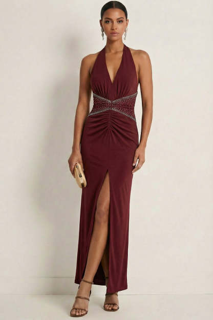 Leely Women Sparkly Beaded Burgundy Mermaid Maxi Formal Dress with Slit Halter Neck Ruched Sleeveless Wedding Guest Dress