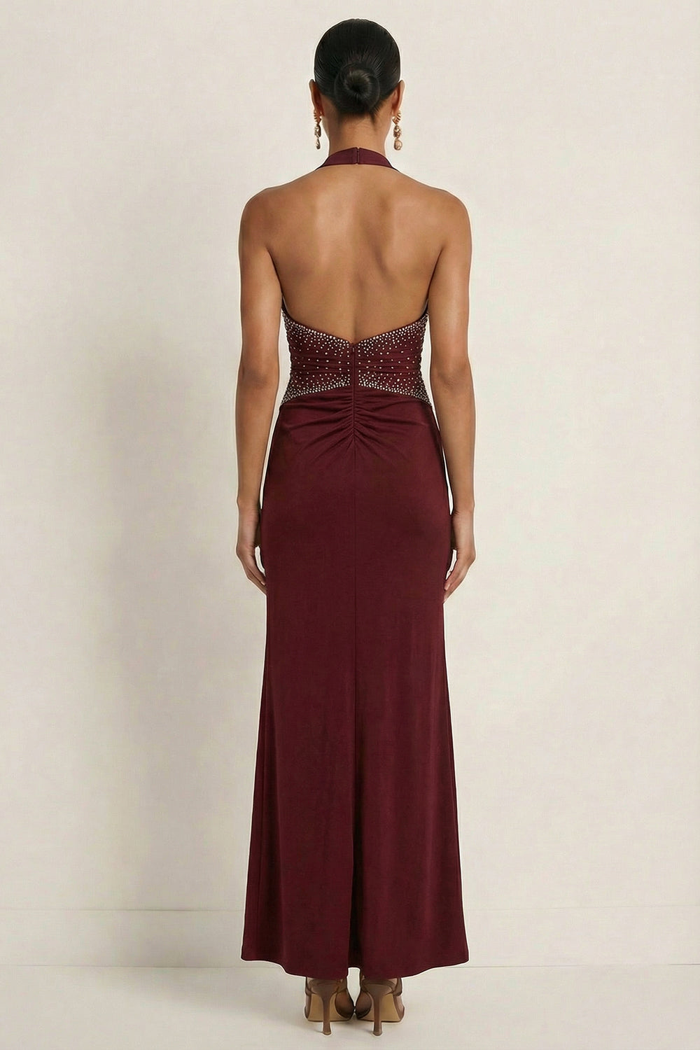 Sparkly Beaded Burgundy Halter Neck Mermaid Ruched Maxi Formal Dress with Slit