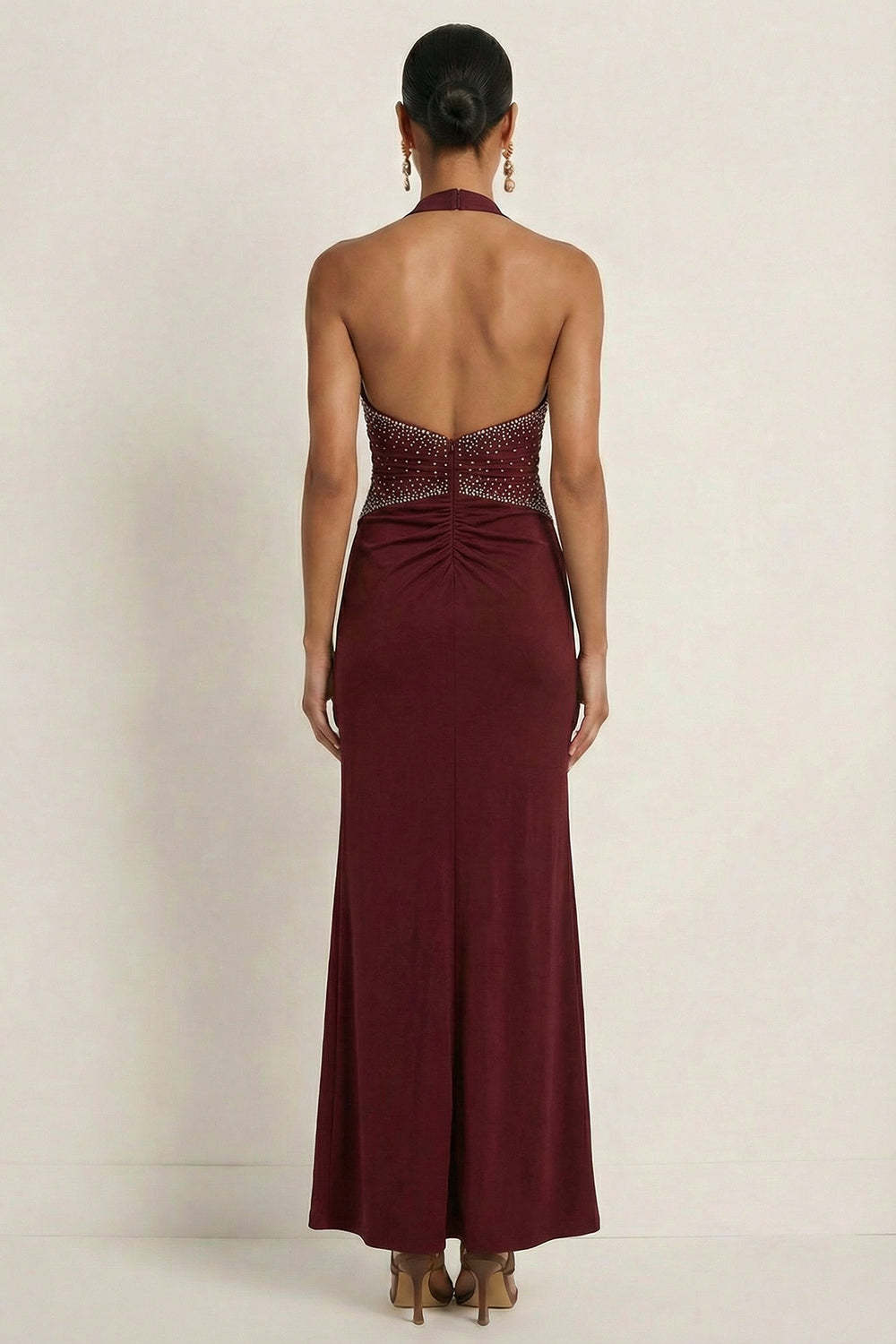 Sparkly Beaded Burgundy Halter Neck Mermaid Ruched Maxi Formal Dress with Slit