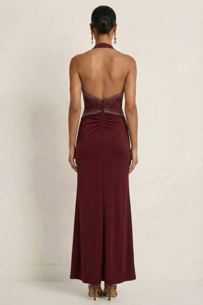 Sparkly Beaded Burgundy Halter Neck Mermaid Ruched Maxi Formal Dress with Slit